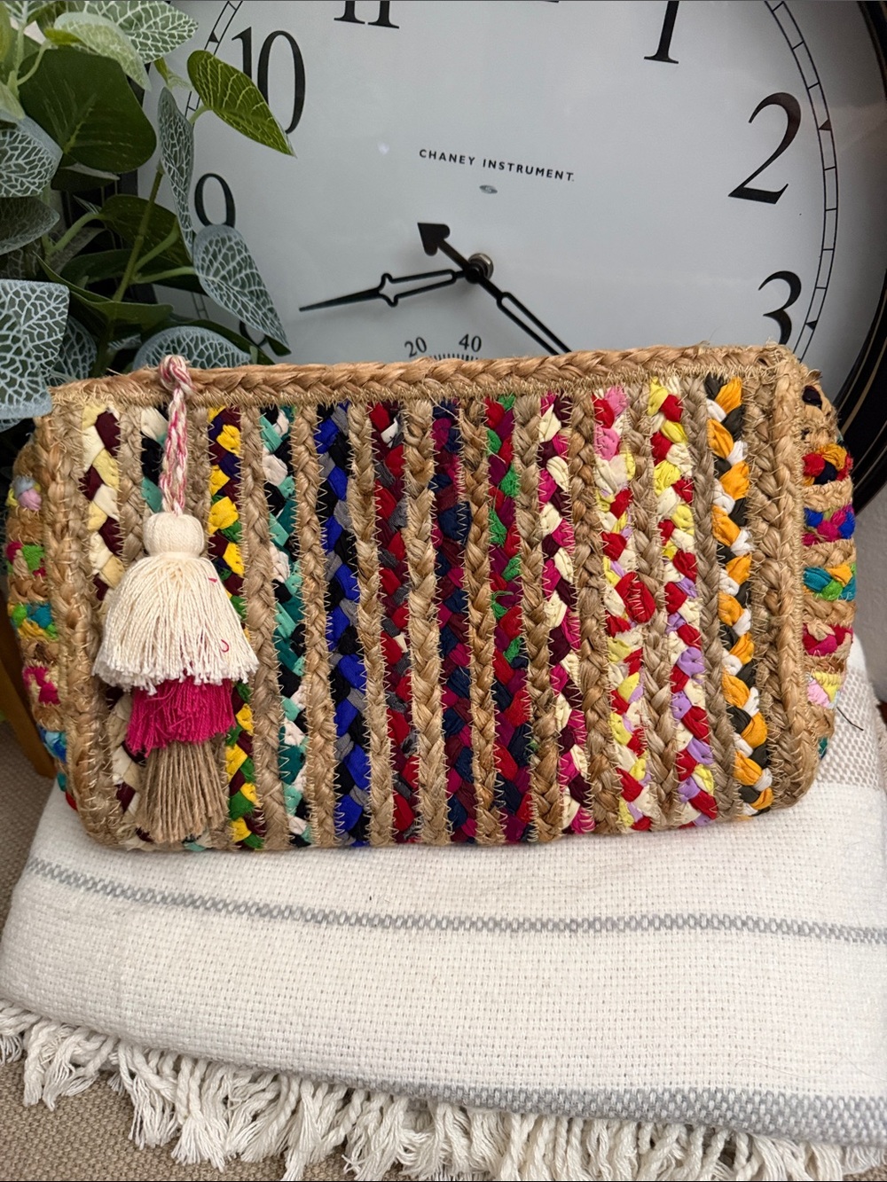 Antik Craft Handwoven Multicolor Straw Clutch with Tassel